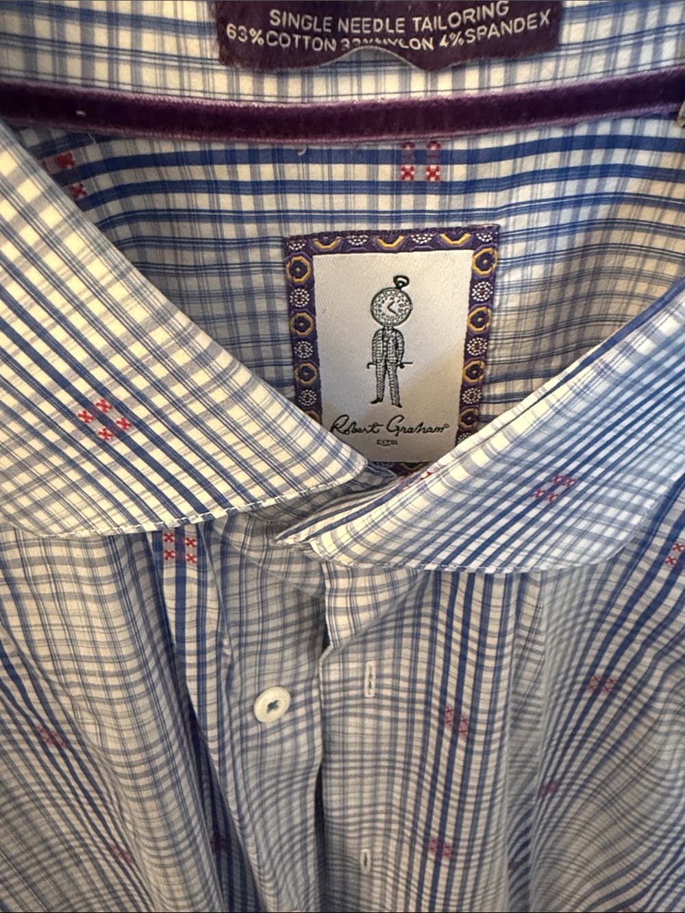 Robert Graham Light Blue and White Checked Dress Shirt with Red Accents